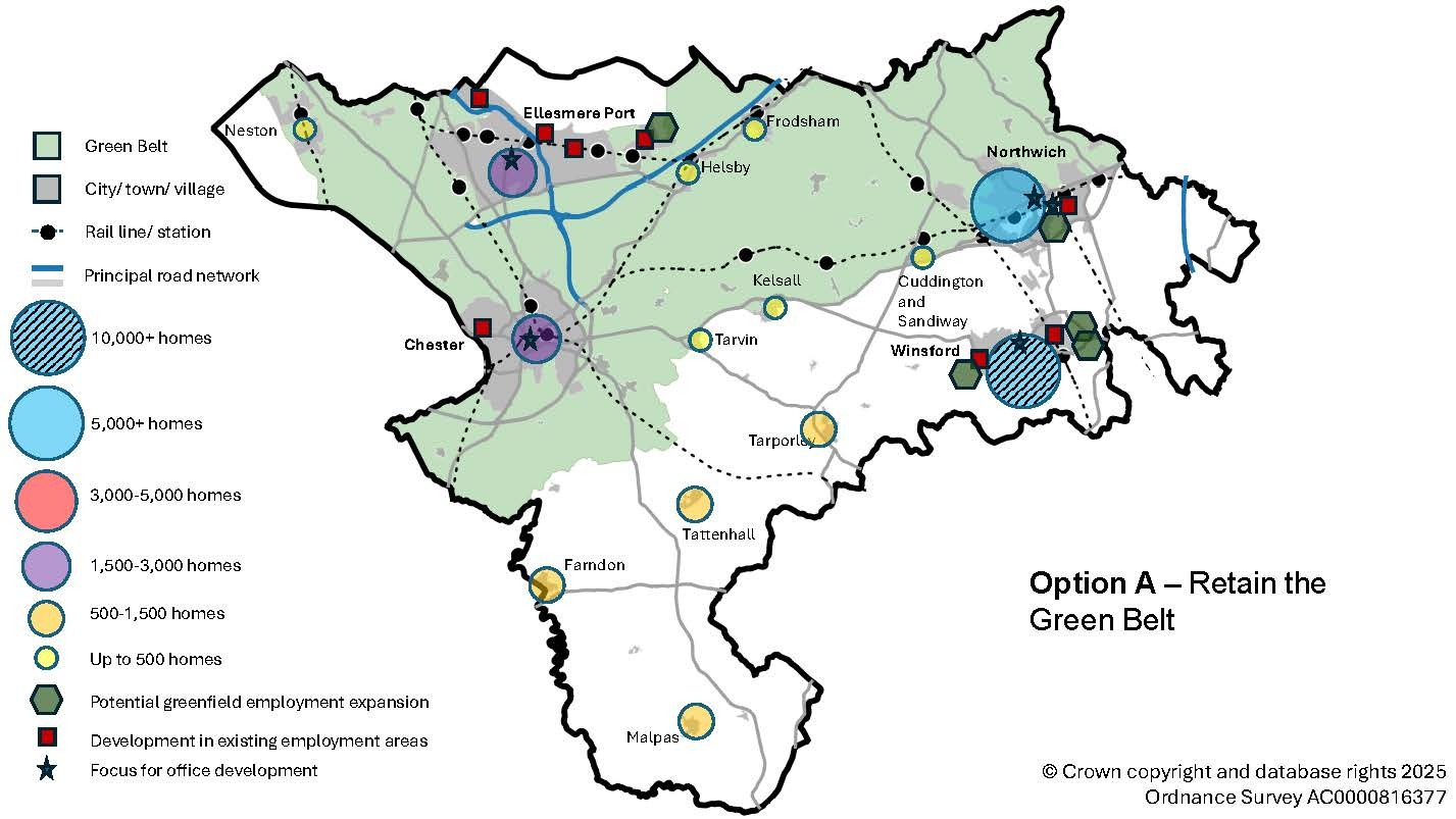 Map titled “Option A – Retain the Green Belt” showing proposed housing and employment developments across Cheshire West and Chester, with green belt areas marked in green and key towns, transport links, and development zones highlighted.
